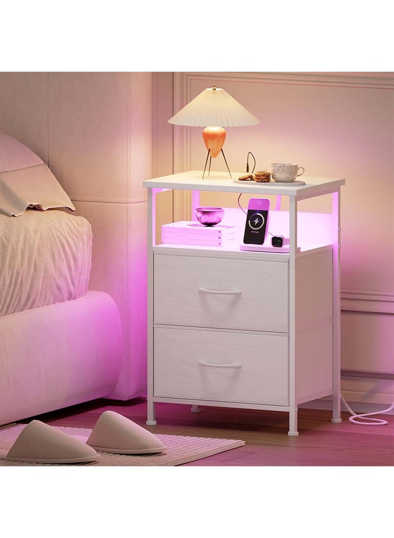 Sharpdo Large Capacity Bedside Table with LED Light and Storage Drawer, With 2 AC Sockets and 2 USB Ports, UK Standard Socket 42*30*60.5cm - Image 1