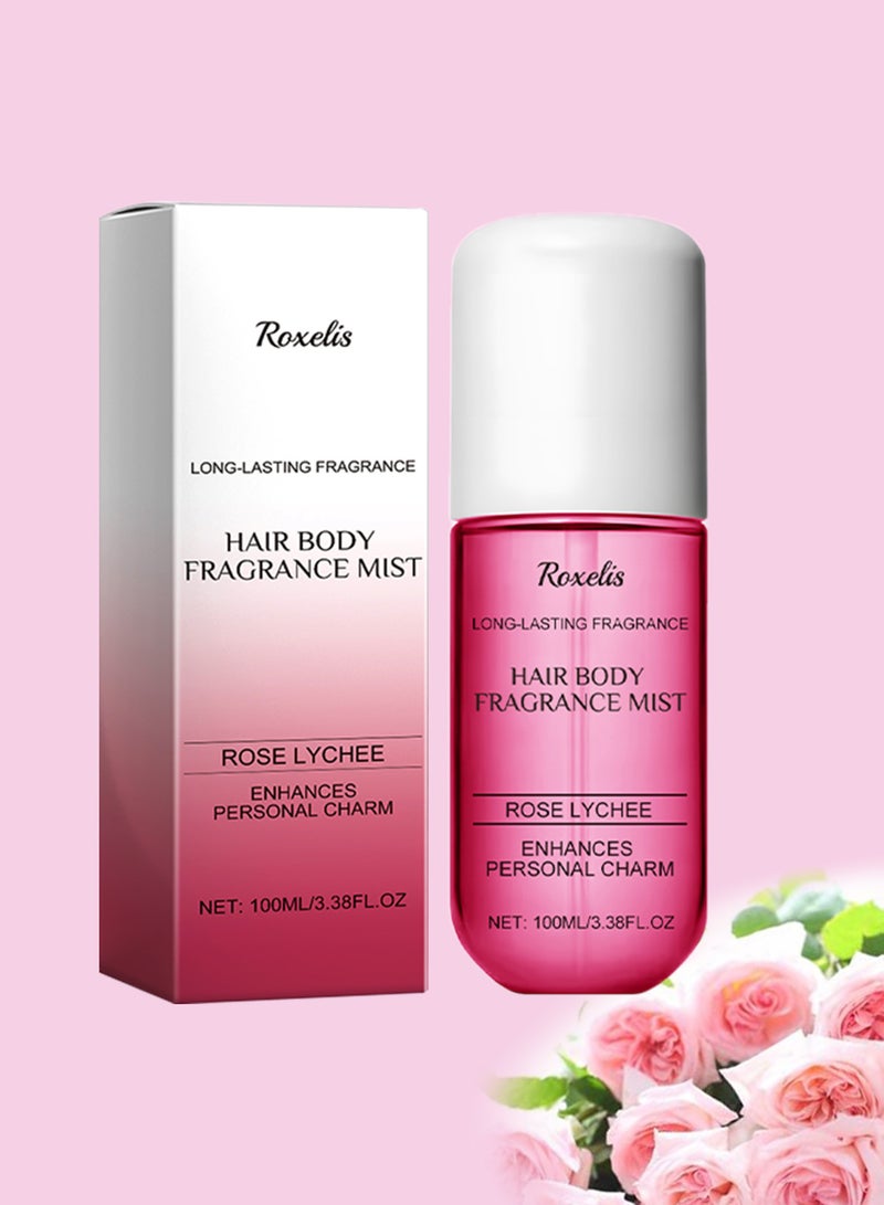 Roxelis 100ml Hair Body Fragrance Mist Long Lasting Fragrance Perfume Spray Haircare Refreshing Body Moisturizing Hydrating Soft Hair Care Spray Rose Lychee - Image 1