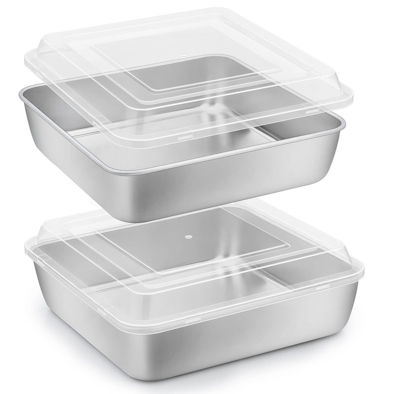 Herogo 8x 8 Square Cake Pan Stainless Steel Square Baking Pan with Lid Cakes Brownie Lasagna Bakeware Set of 2 Healthy  Dishwasher Safe