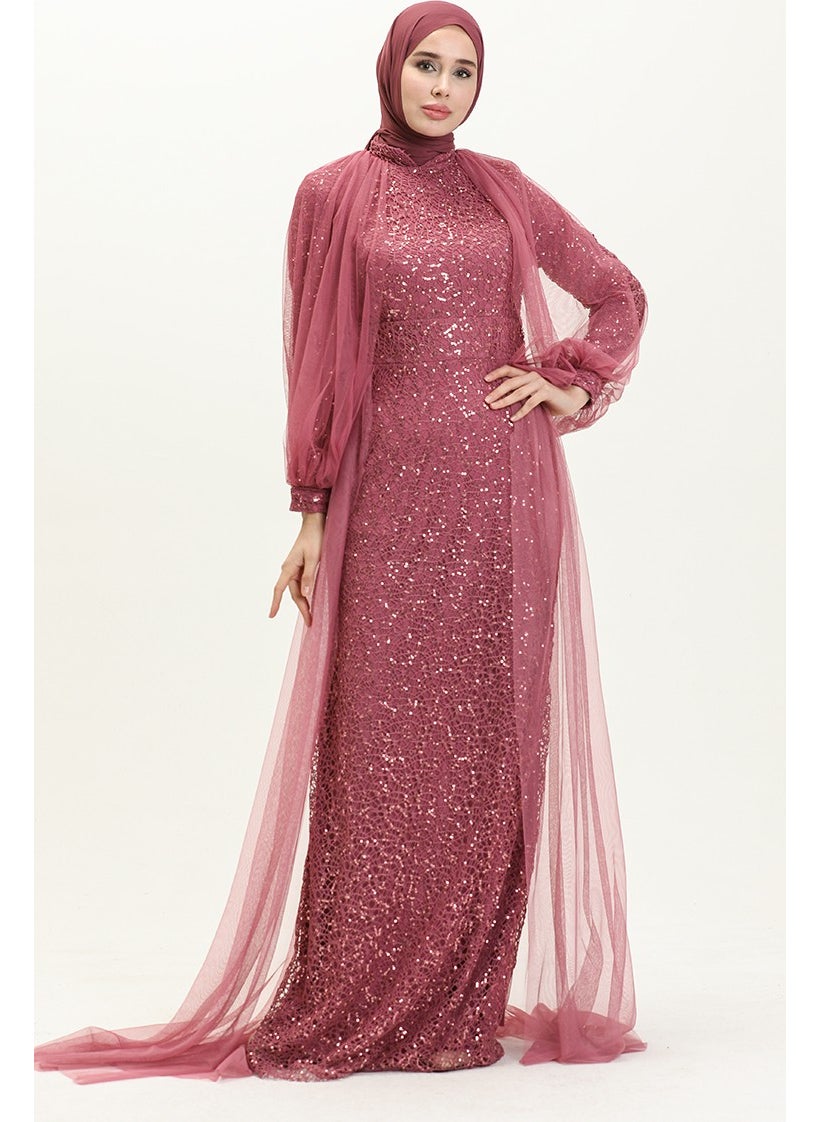 Sefa Merve - Sequined Evening Dress 5519-12 Dark Rose - Image 1
