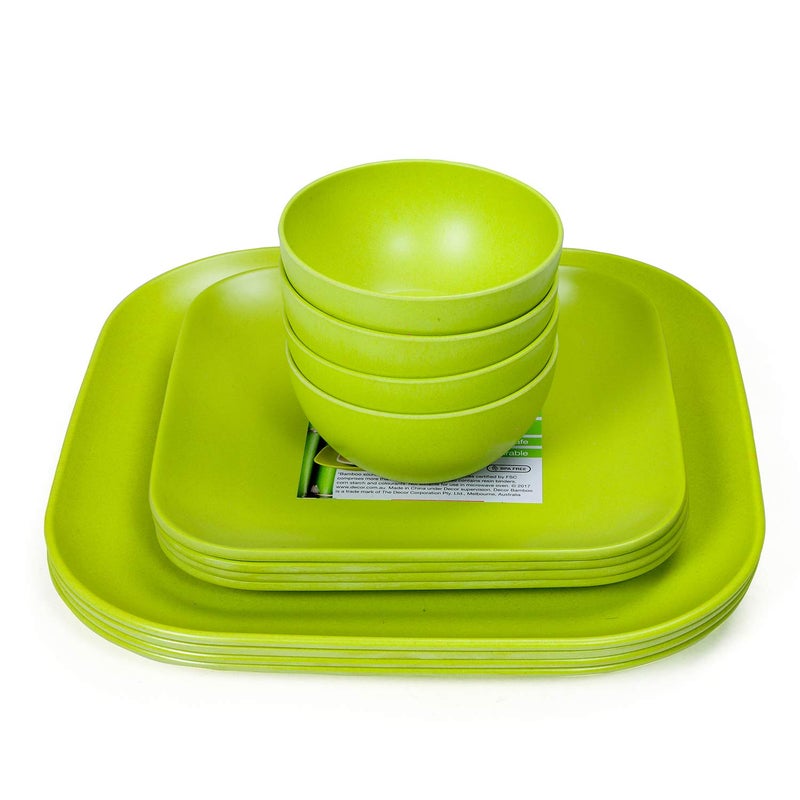 Decor Décor EcoLite Bamboo Dinner Set | Non Toxic Reusable Dinner Set | 12 Piece Eco-Friendly Dinnerware Gift Set - 4 Small Plates, 4 Large Plates & 4 Bowls (Katoris), Green - Image 1