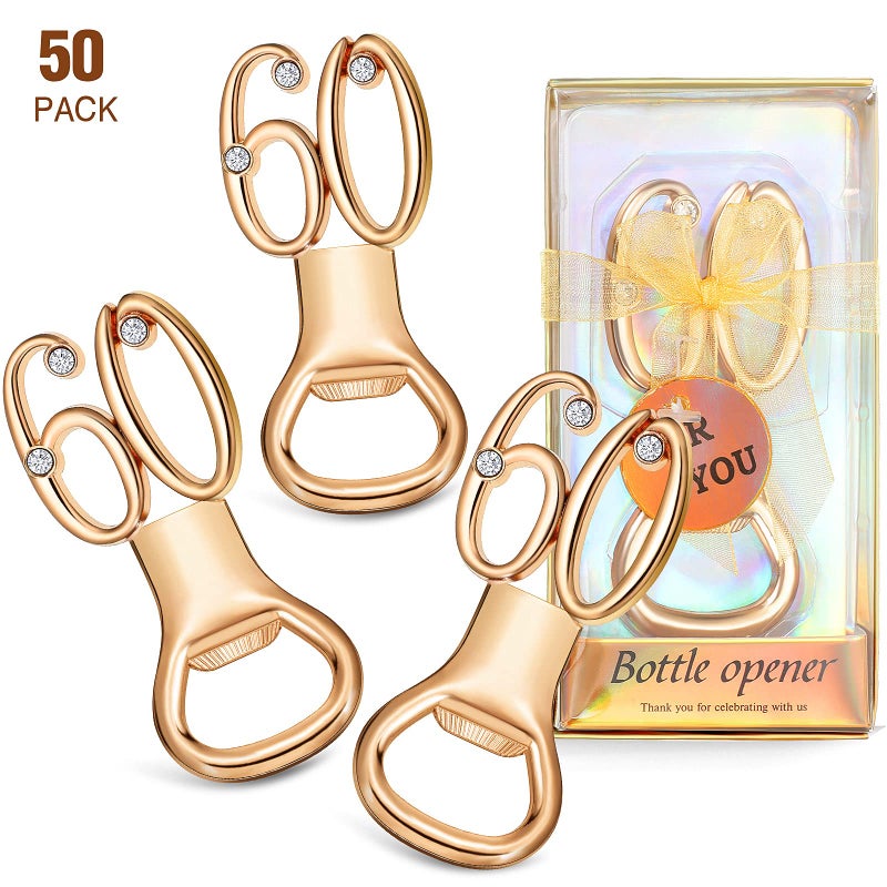 BOAO Boao 50 Pcs Birthday Bottle Opener Party Favors Rhinestones Birthday Souvenirs Wedding Anniversary for Guests Beer Opener Party Favors Decoration(Gold,60th Style)  - Image 2
