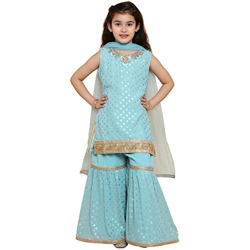 AJ DEZINES Girls Sharara Kurta Set | Georgette Sleeveless Kurti Set | Ethnic Wear for Girls | Foil Printed Sharara Suit | Stylish Kids Kurta for Festivals Weddings & Special Occasions | FIROZI-14 - Image 1