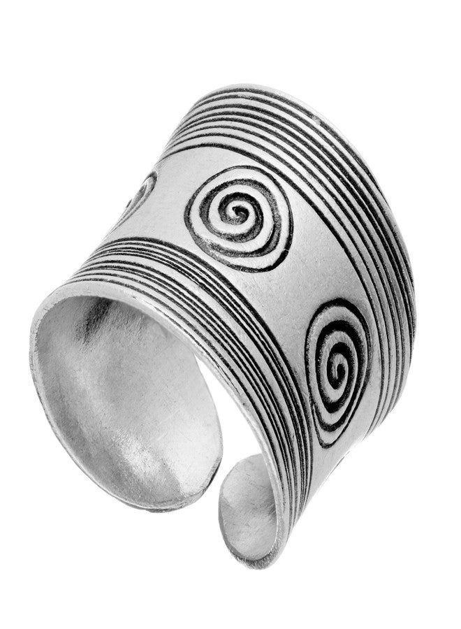 81stgeneration Hill Tribe Silver Spiral Pattern Concave Ring - 999 Solid Silver Adjustable Wide Band - Tribal Thumb Rings for Women - Unique Handmade Boho Jewelry - Image 2