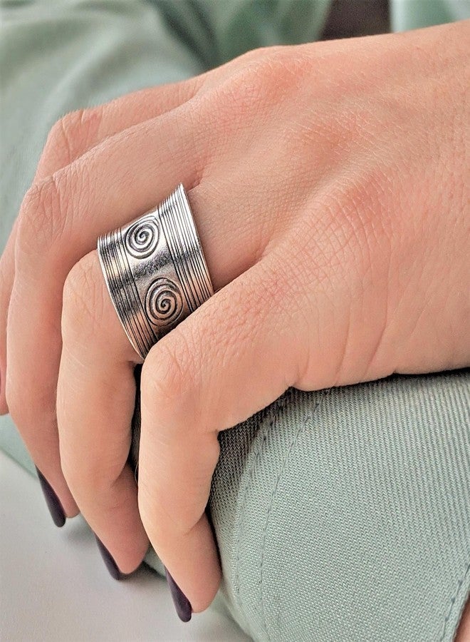 81stgeneration Hill Tribe Silver Spiral Pattern Concave Ring - 999 Solid Silver Adjustable Wide Band - Tribal Thumb Rings for Women - Unique Handmade Boho Jewelry - Image 4