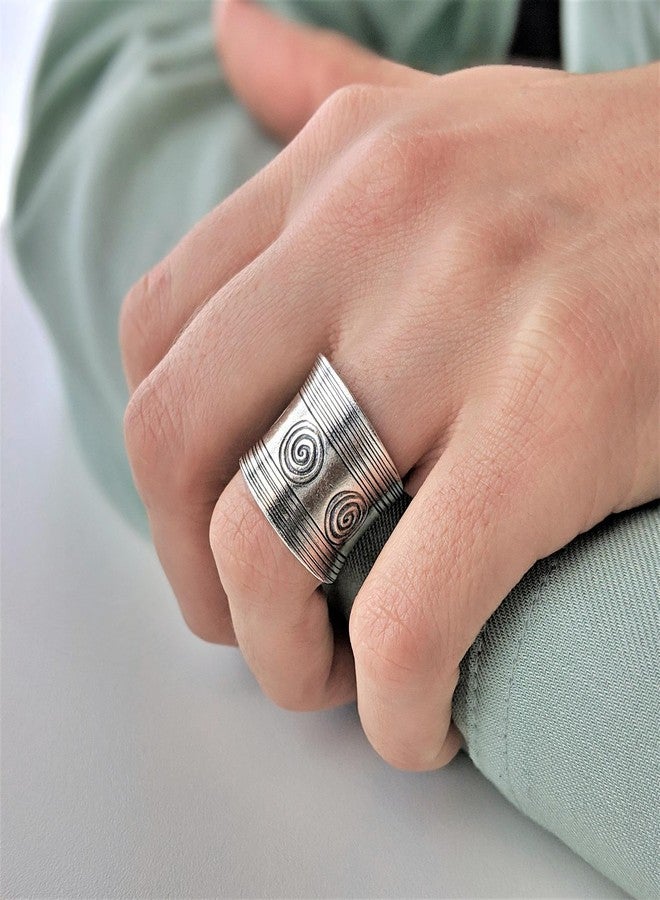 81stgeneration Hill Tribe Silver Spiral Pattern Concave Ring - 999 Solid Silver Adjustable Wide Band - Tribal Thumb Rings for Women - Unique Handmade Boho Jewelry - Image 3