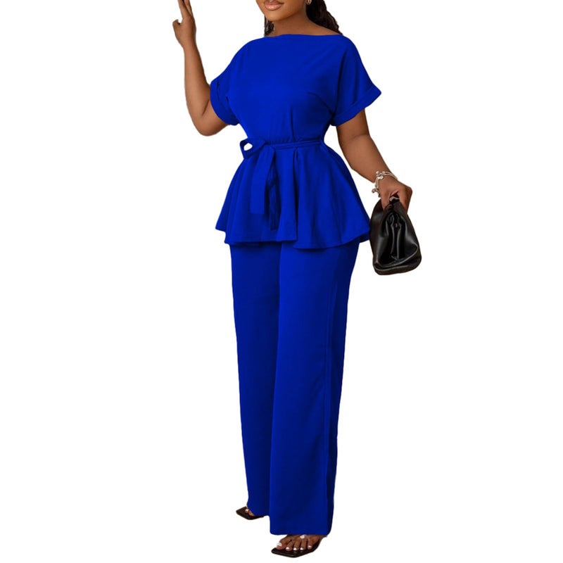 Ekaliy Women's Two Piece Outfits Business Suit Set Short Sleeve Peplum Top Flared Pants Sets Blue M - Image 1