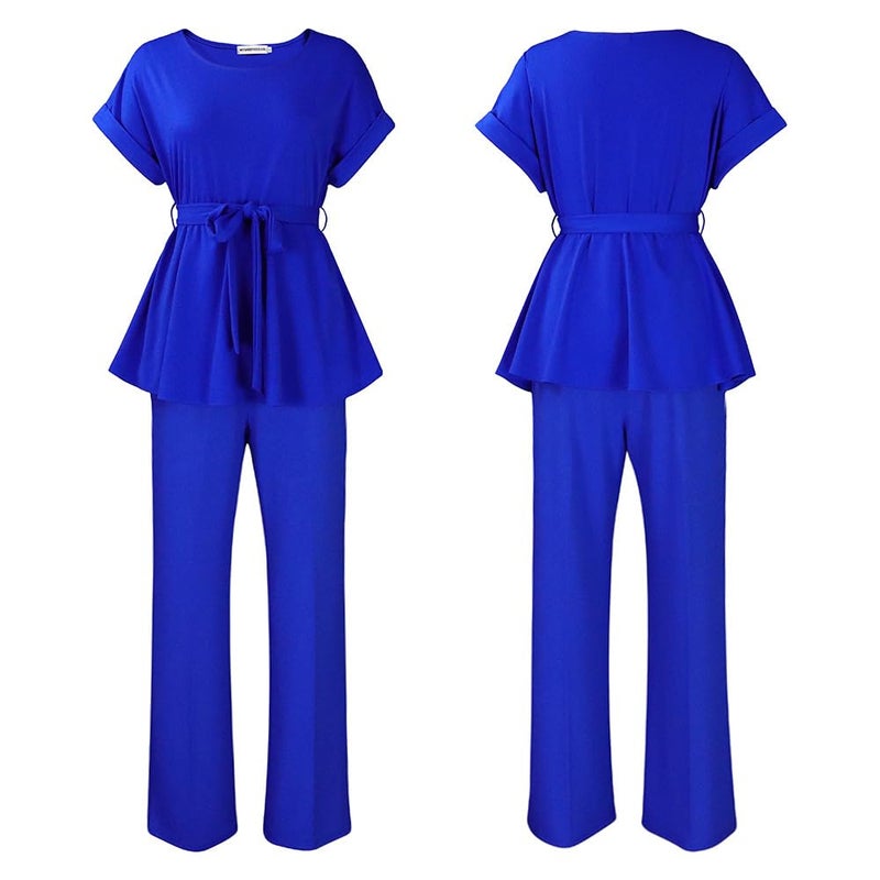 Ekaliy Women's Two Piece Outfits Business Suit Set Short Sleeve Peplum Top Flared Pants Sets Blue M - Image 5