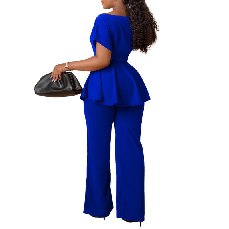 Ekaliy Women's Two Piece Outfits Business Suit Set Short Sleeve Peplum Top Flared Pants Sets Blue M - Image 2