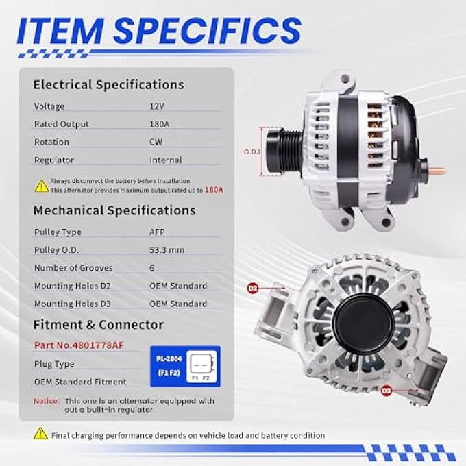 TSSLIIN High Output Upgraded Alternator For/Chrysler 300 2011-2021 For/Dodge Challenger 2015-2021, Charger, Durango For/Jeep Grand Cherokee 2011-2020 For/Ram 1500, 3.6L, 12V 180A CW 6-Groove 4801778AF - Image 3