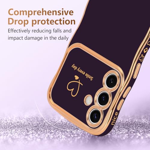 LCHULLE for Samsung Galaxy S23 FE Case for Women Girls, Cute Wave Frame Curly Shape with Love Heart Raised Camera Protection Cover Luxury Plating Shockproof Phone Case for Galaxy S23 FE, Dark Purple - Image 3