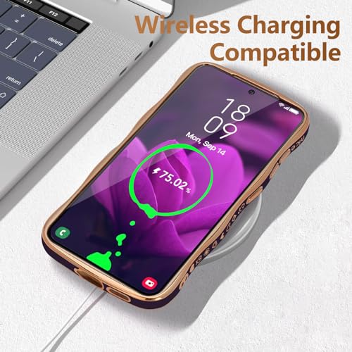LCHULLE for Samsung Galaxy S23 FE Case for Women Girls, Cute Wave Frame Curly Shape with Love Heart Raised Camera Protection Cover Luxury Plating Shockproof Phone Case for Galaxy S23 FE, Dark Purple - Image 5