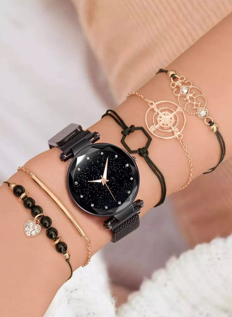 1pc Starry Sky Dial Quartz Watch & 5pcs Bracelet  - Image 2