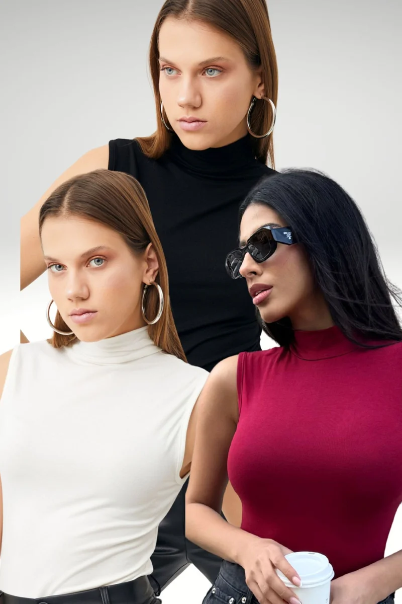 بيبانتولون BIPANTOLON Women's 3-Pack Ribbed Half Turtleneck Bodysuits