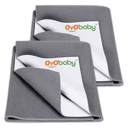 OYO BABY شريحة جافة ناعمة سريعة الجفاف للأطفال من OYO BABY | صغيرة 70×50 سم (عبوة من 2) واقي مرتبة مقاوم للماء | وسادة سرير قابلة لإعادة الاستخدام وامتصاص إضافي | وسادة تحتية من الفليس مضادة للتكتل | حديثي الولادة - 6 أشهر - رمادي - Image 1