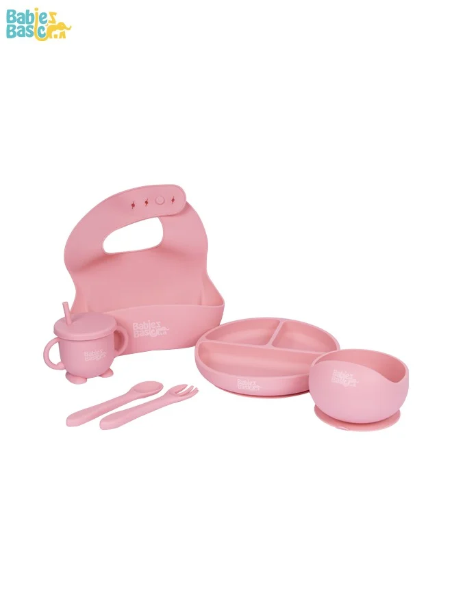 Babies Basic Feeding Set, 6 Piece, Silicone Set For Self Feeding, Learning & Fine Motor Skills Soft, Easy To Grip, Bib, Bowl, Plate, Mini Utensils, Spoon & 2 In 1 Cup - Pink