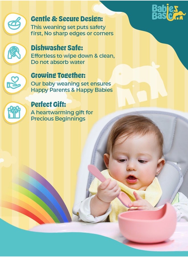 Babies Basic Feeding Set, 6 Piece, Silicone Set For Self Feeding, Learning & Fine Motor Skills Soft, Easy To Grip, Bib, Bowl, Plate, Mini Utensils, Spoon & 2 In 1 Cup - Pink  - Image 3