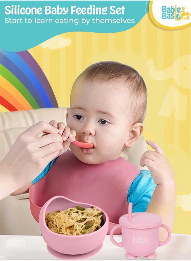 Babies Basic Feeding Set, 6 Piece, Silicone Set For Self Feeding, Learning & Fine Motor Skills Soft, Easy To Grip, Bib, Bowl, Plate, Mini Utensils, Spoon & 2 In 1 Cup - Pink  - Image 4