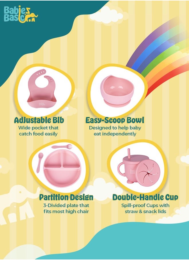 Babies Basic Feeding Set, 6 Piece, Silicone Set For Self Feeding, Learning & Fine Motor Skills Soft, Easy To Grip, Bib, Bowl, Plate, Mini Utensils, Spoon & 2 In 1 Cup - Pink  - Image 2
