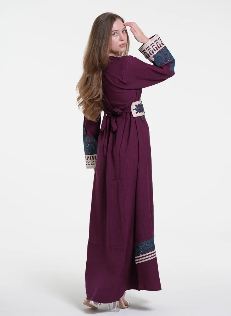 AL BENT AL SHARQIEH burgundy embroidered jalabiya dress  | Best Price UAE