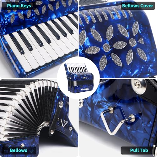 Horse 25 Keys Accordion, 16 Bass Student Piano Accordion Acordeón Acordeones Para Adultos for Beginner and Adults, Lightweight Portable with Adjustable Straps, Cleaning Cloth, Gloves, and Carrying Bag(Blue) - Image 4