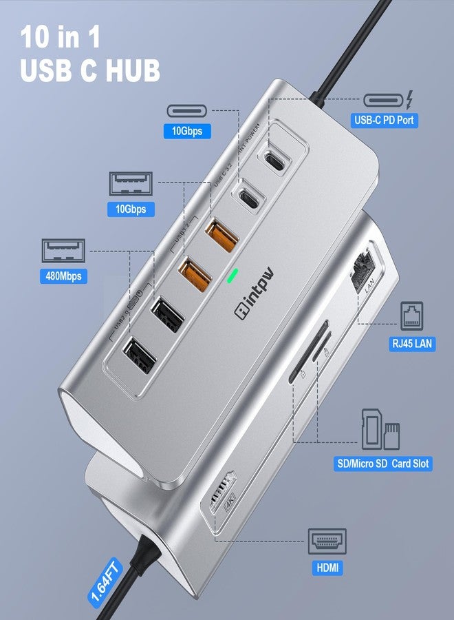Intpw P9R PRO USB C Hub, 10-in-1 USB C Docking Station with 1Gbps Ethernet, 4K @ 60Hz HDMI, 10Gbps 2 Type-A/C 3.2, 2 Type-A 2.0, PD 100W, SD/TF, Aluminium USB HUB for iPhone 16/15 Series/MacBook - Image 2