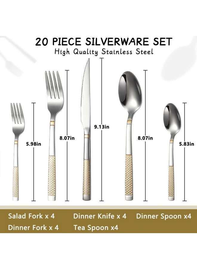 X-zrew 20-Piece Silverware Set Stainless Steel Flatware Set for 4 Kitchen Utensil Cutlery Sets Includes Forks Spoons Knives for Home Restaurant Hotel - Image 2