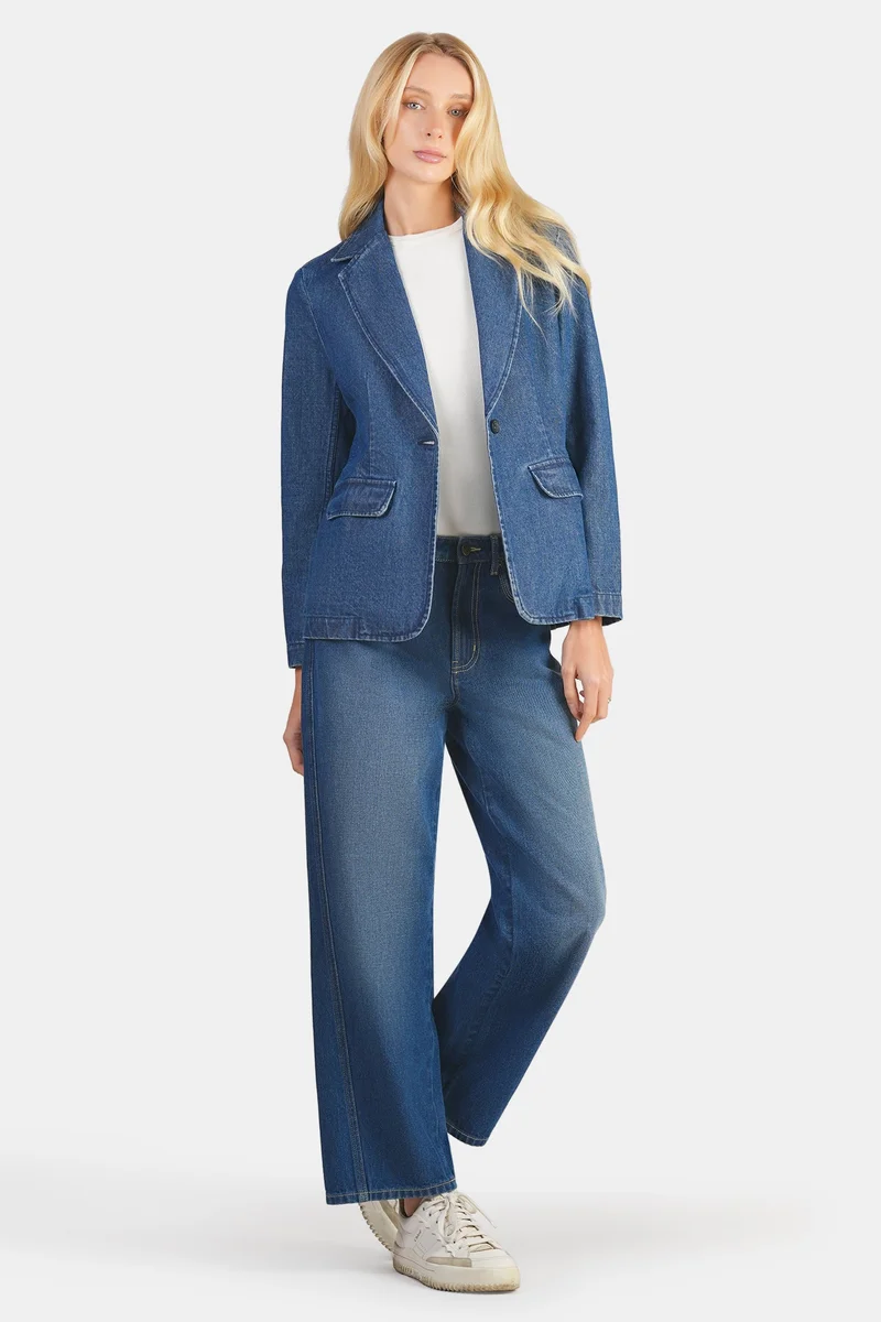 Virgio Solid Cotton Single Breasted Denim Blazer for Women