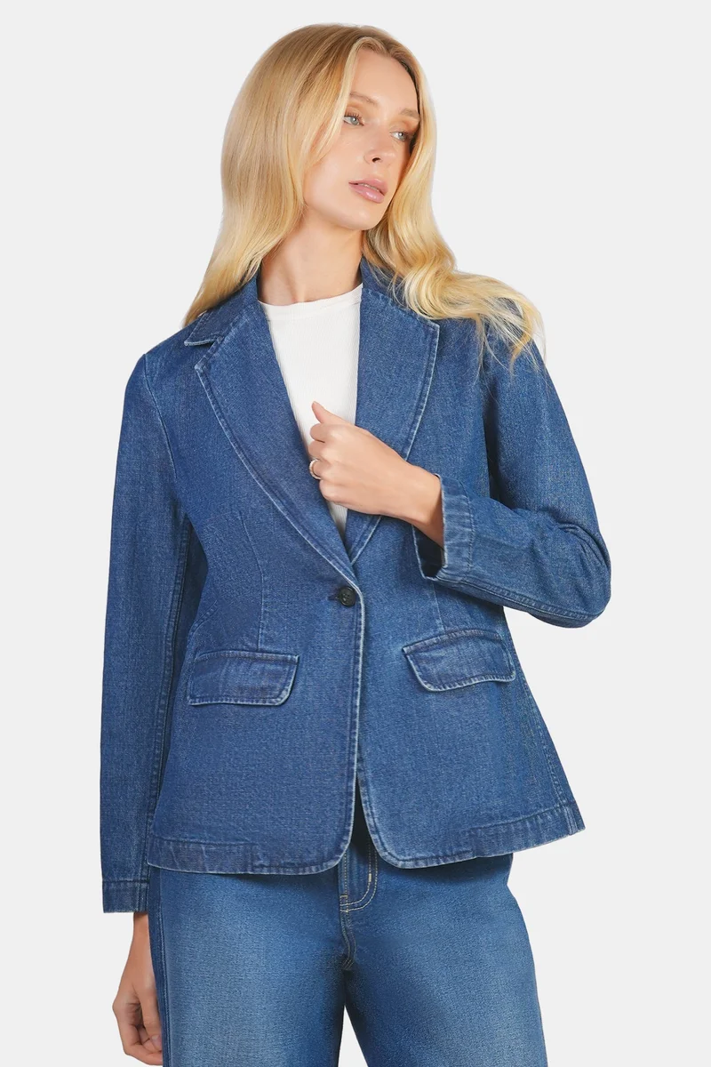 Virgio Solid Cotton Single Breasted Denim Blazer for Women