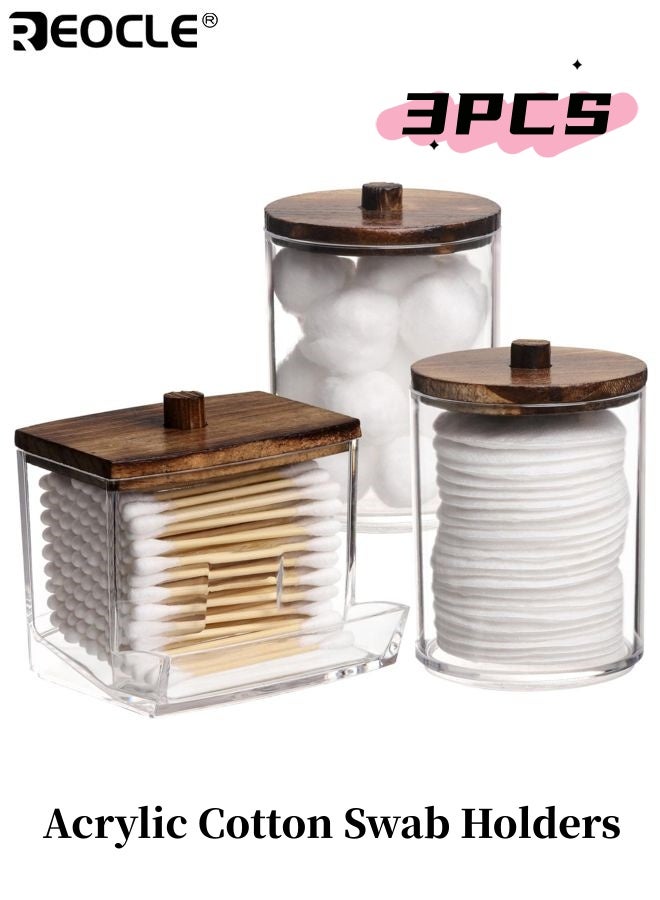 REOCLE 3PCS Acrylic Cotton Swab Holders with Wood Lid Design and Multi Purpose Dispenser Bathroom Organizers with Clear Canister for Vanity Storage Use - Image 1