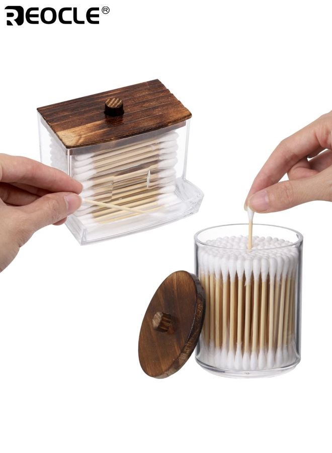 REOCLE 3PCS Acrylic Cotton Swab Holders with Wood Lid Design and Multi Purpose Dispenser Bathroom Organizers with Clear Canister for Vanity Storage Use - Image 2