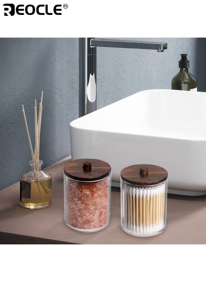 REOCLE 3PCS Acrylic Cotton Swab Holders with Wood Lid Design and Multi Purpose Dispenser Bathroom Organizers with Clear Canister for Vanity Storage Use - Image 5