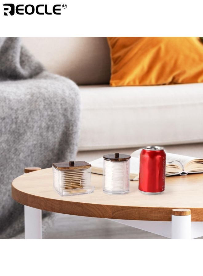 REOCLE 3PCS Acrylic Cotton Swab Holders with Wood Lid Design and Multi Purpose Dispenser Bathroom Organizers with Clear Canister for Vanity Storage Use - Image 4