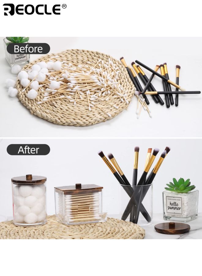 REOCLE 3PCS Acrylic Cotton Swab Holders with Wood Lid Design and Multi Purpose Dispenser Bathroom Organizers with Clear Canister for Vanity Storage Use - Image 3