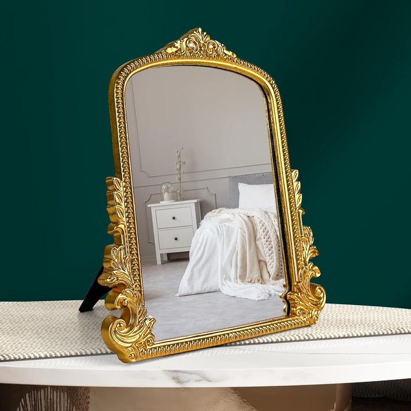 97 Decor Gold Vintage Wall Mirror - Small Gold Mirror for Tabletop and Wall Hanging, Antique Arch Frames for Desk, Small Decorative Mirrors Frame for Home Bedroom, Makeup Room Decor (11.8x9.6 Inch) - Image 1