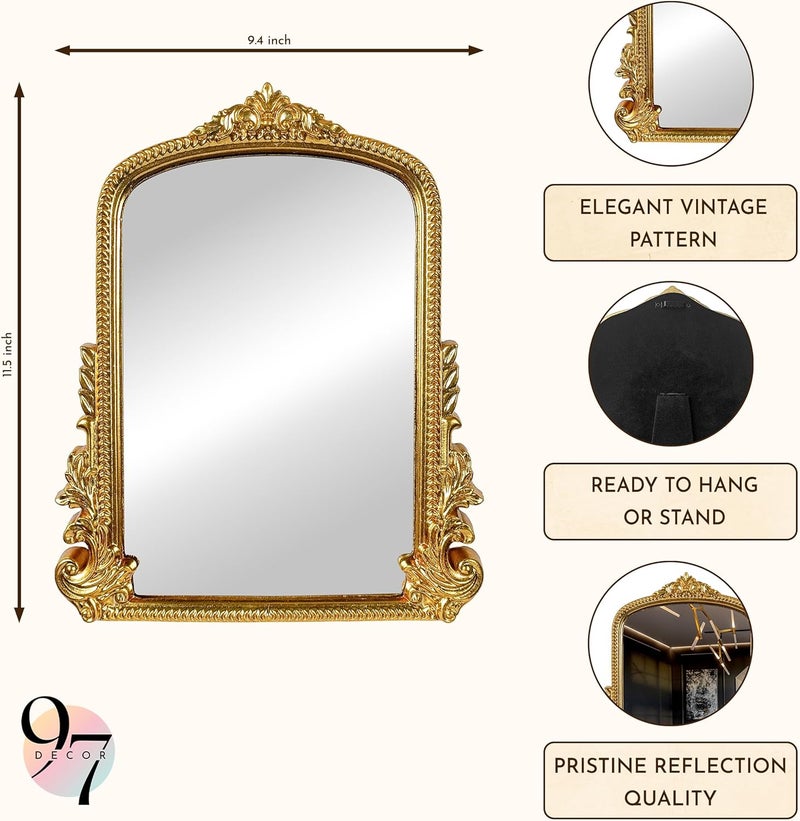 97 Decor Gold Vintage Wall Mirror - Small Gold Mirror for Tabletop and Wall Hanging, Antique Arch Frames for Desk, Small Decorative Mirrors Frame for Home Bedroom, Makeup Room Decor (11.8x9.6 Inch) - Image 2