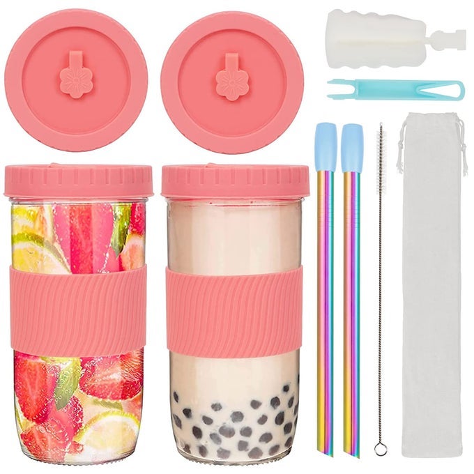 2 PACK REUSABLE TEA CUPS 24OZ GLASS WITH LIDS AND STRAWS SILICONE SLEEVES IDEAL FOR BOBA COFFEE SMOOTHIES AND JUICING
