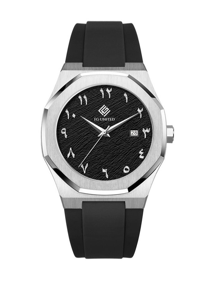 FG UNITED ساعة للرجال بتصميم رفيع علبة من الفولاذ المقاوم للصدأ وحزام سيليكون 41 مم - FG7001