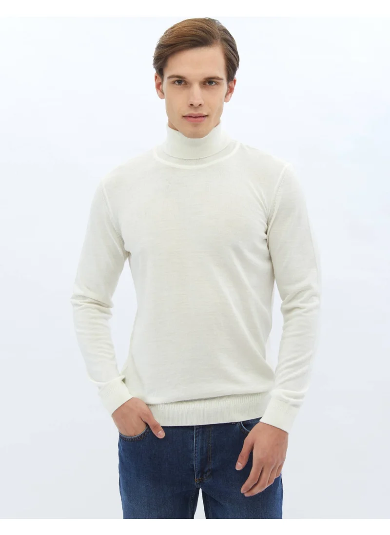 Kip Ecru Full Turtleneck Plain Knit Wool Blend Sweater