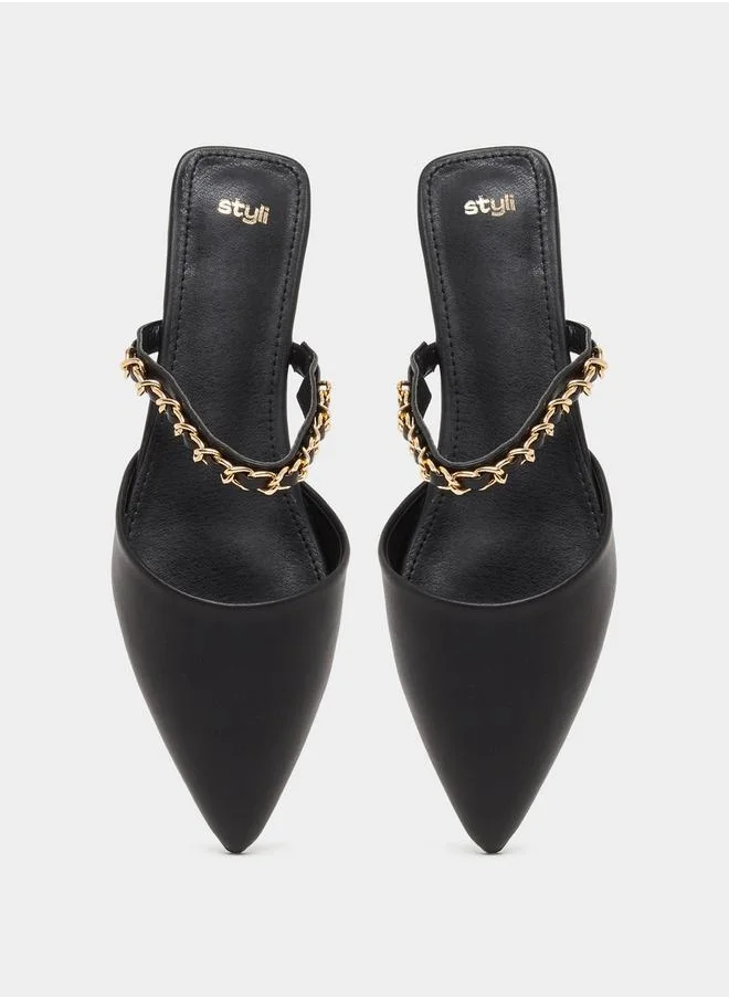 Styli Pointed Toe Slip On Mules with Chain Detail