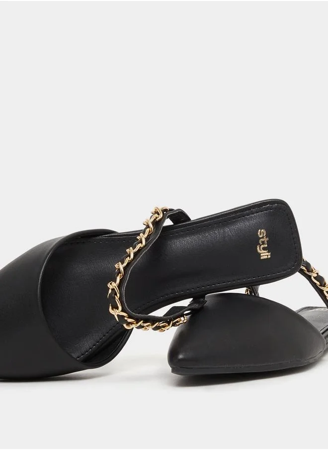 Styli Pointed Toe Slip On Mules with Chain Detail