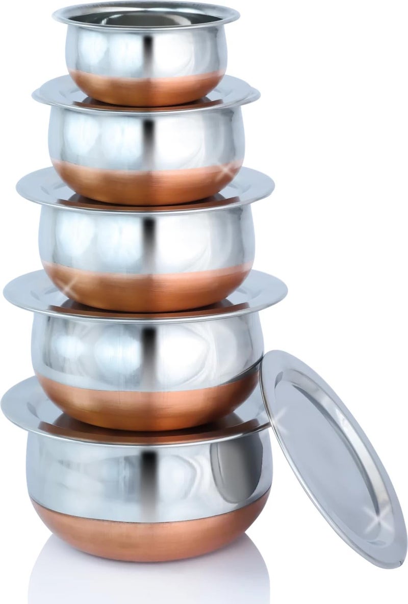 Nirvika Stainless Steel Copper Bottom Handi with Lid Prabhu Chetty/Handi/Set of 5 Pcs Cooking Bowl (Capacity : 0.5 LTR, 0.75 LTR, 1 LTR, 1.5 LTR, 2 LTR) - Image 1