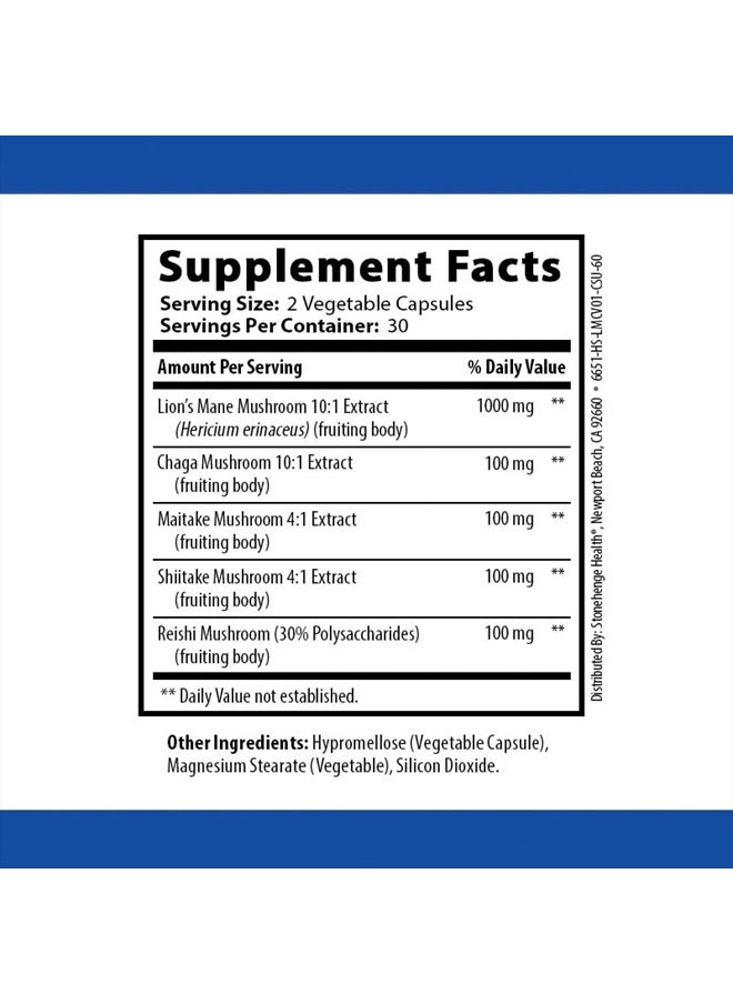 Stonehenge Health - Dynamic Mushrooms - 100% Fruiting Bodies & Extracts - Lion's Mane, Chaga, Maitake, Shiitake, Reishi - Nootropic Brain & Immune System Support - No Mycelium - 60 Veggie Capsules - Image 1