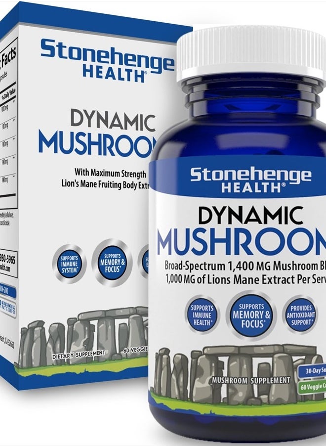 Stonehenge Health - Dynamic Mushrooms - 100% Fruiting Bodies & Extracts - Lion's Mane, Chaga, Maitake, Shiitake, Reishi - Nootropic Brain & Immune System Support - No Mycelium - 60 Veggie Capsules - Image 1