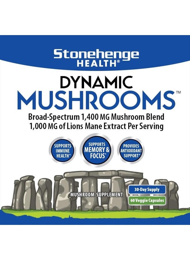 Stonehenge Health - Dynamic Mushrooms - 100% Fruiting Bodies & Extracts - Lion's Mane, Chaga, Maitake, Shiitake, Reishi - Nootropic Brain & Immune System Support - No Mycelium - 60 Veggie Capsules - Image 1