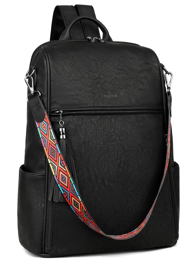 FADEON Womens Backpack Purse Large Designer PU Leather Laptop Backpacks, Ladies Computer Shoulder Bags, Pure Black, Large (15.5-in Height), Travel Backpacks - Image 1