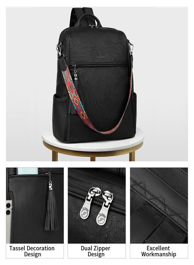 FADEON Womens Backpack Purse Large Designer PU Leather Laptop Backpacks, Ladies Computer Shoulder Bags, Pure Black, Large (15.5-in Height), Travel Backpacks - Image 5
