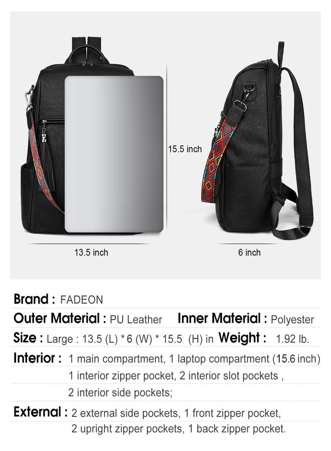 FADEON Womens Backpack Purse Large Designer PU Leather Laptop Backpacks, Ladies Computer Shoulder Bags, Pure Black, Large (15.5-in Height), Travel Backpacks - Image 2