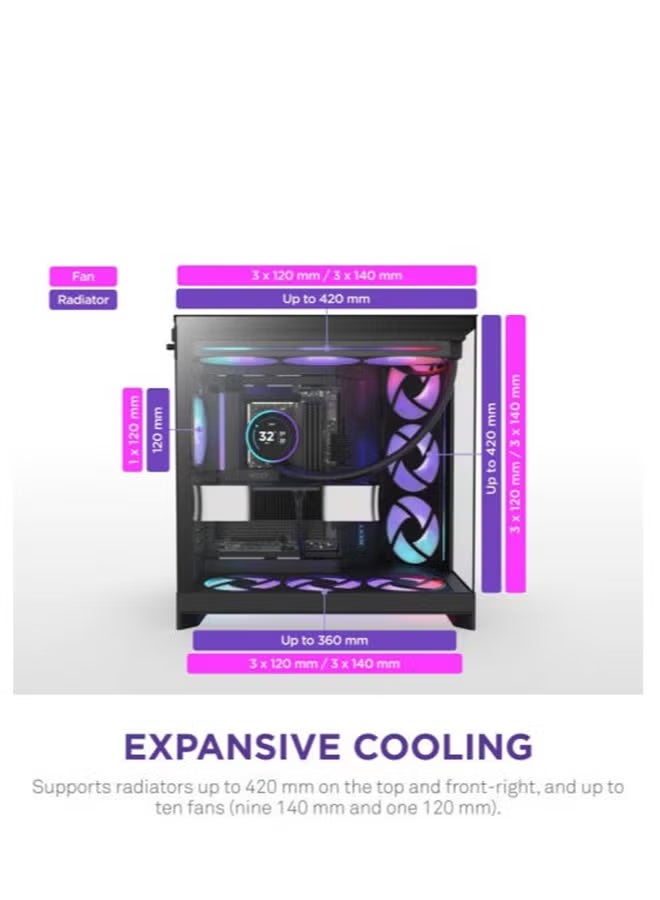 NZXT H9 Flow RGB Dual-Chamber ATX Mid-Tower Case, Panoramic Tempered Glass, High-Airflow Design, Supports Dual 360mm Radiators, Up to 10 Fans, E-ATX Compatible, Black - Image 5