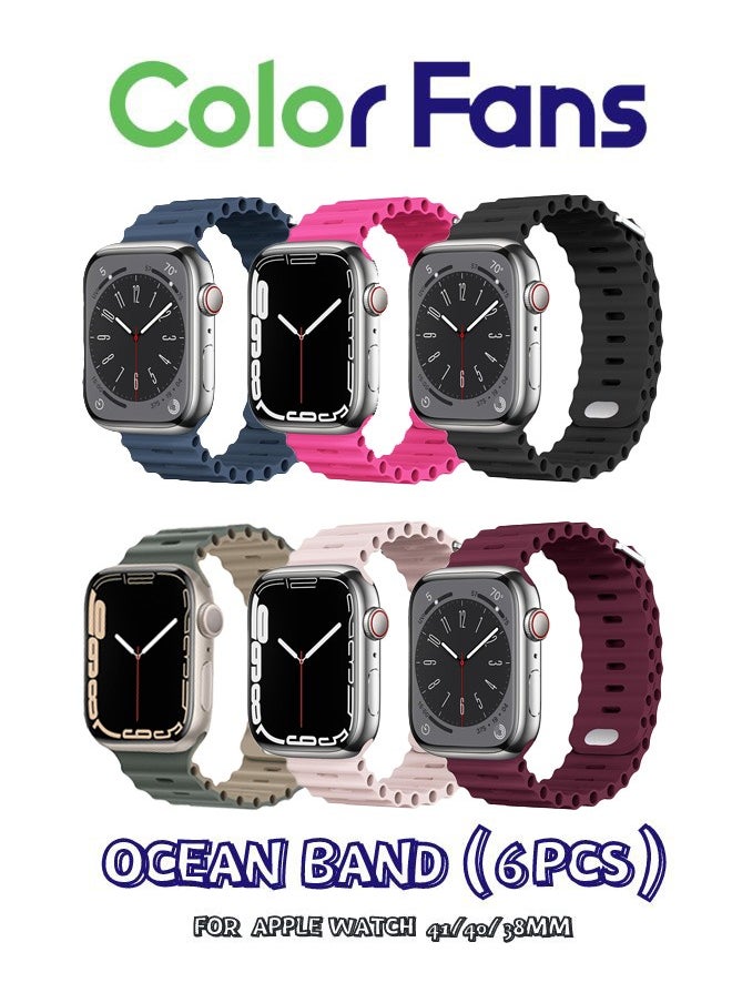 Color Fans Apple Watch Ultra/Series 8-1 Ocean Band 6-Pack: 38-41mm Silicone Straps in Abyss Blue/Barbie Pink/Black/Khalki-green/Pink Sand/Wine Red for Men and Women 